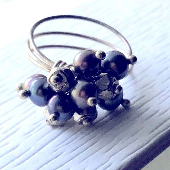 Freshwater Pearl Cluster Ring Beaded Wire Multi-band Boho Beachy Coastal Blue - Picture 3 of 7